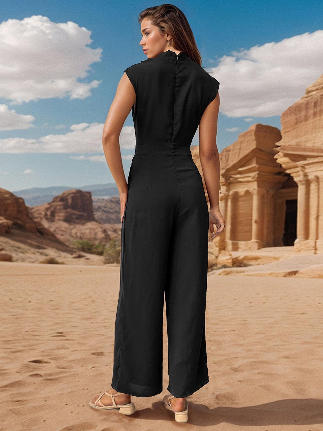Perfee Ruched Mock Neck Sleeveless Jumpsuit - ClubOn