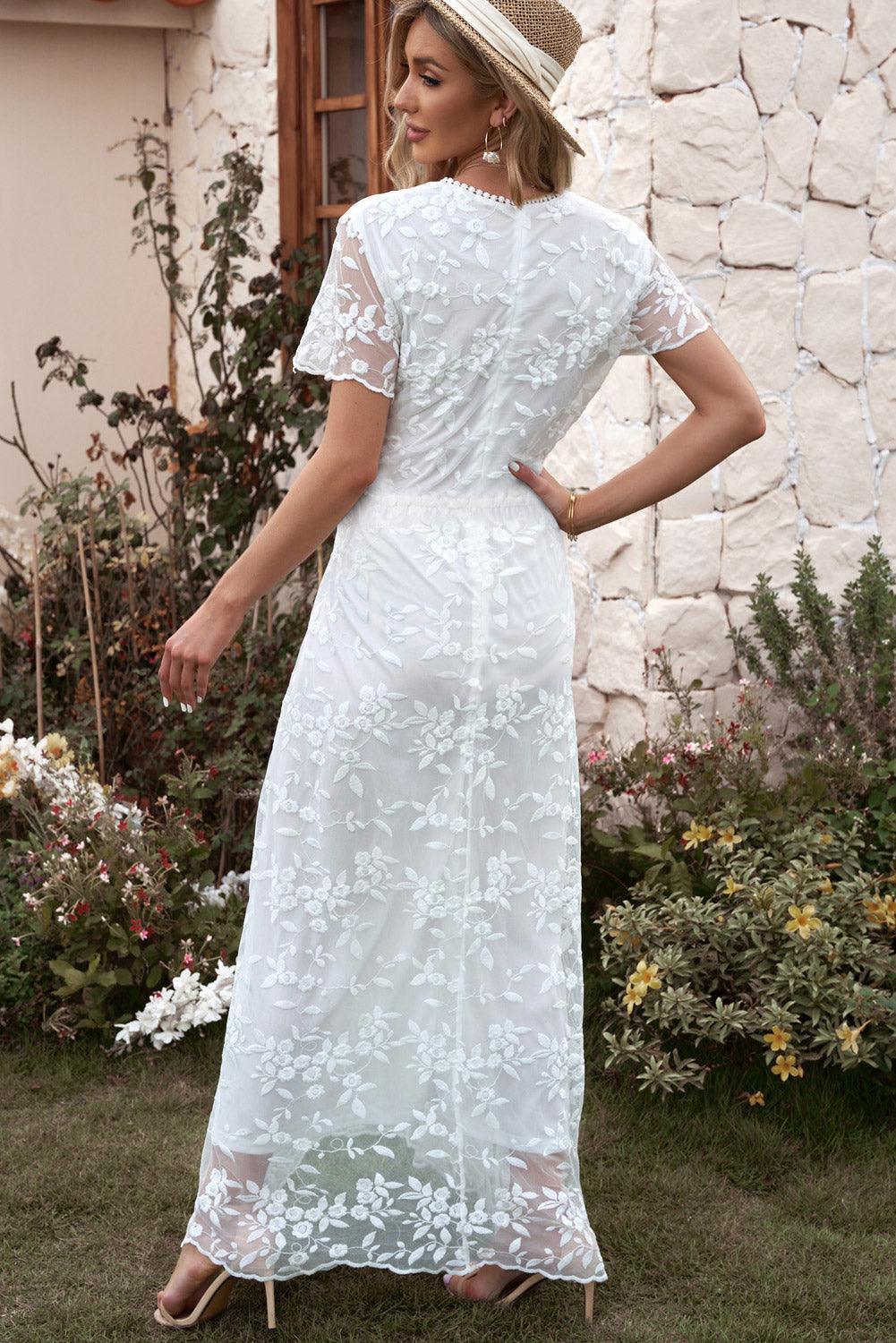 Embroidered Short Sleeve Surplice Neck Maxi Dress - ClubOn