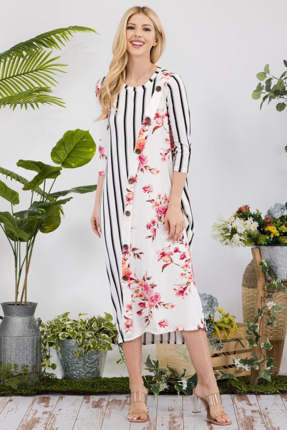 Celeste Full Size Floral Striped Contrast Midi-Dress with Pockets - ClubOn