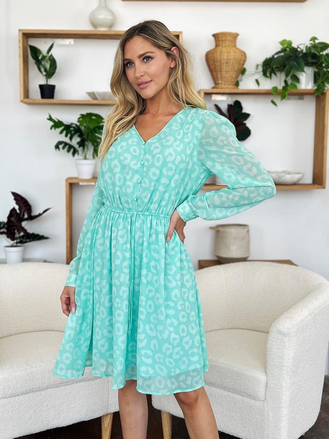 Double Take Full Size Printed Ruched V-Neck Long Sleeve Dress - ClubOn