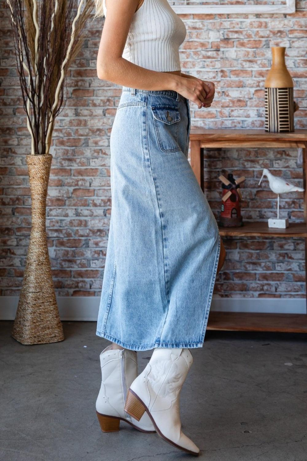 Veveret Slit Mid Rise Waist Denim Skirt - ClubOn