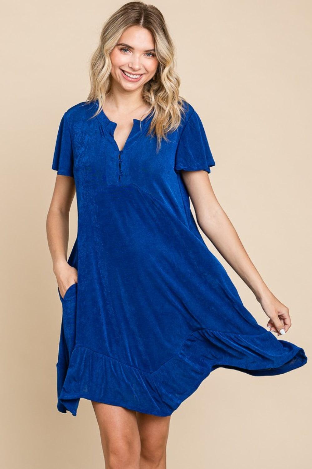 Culture Code Full Size Short Sleeve Ruffled Asymmetric Hem Dress - ClubOn