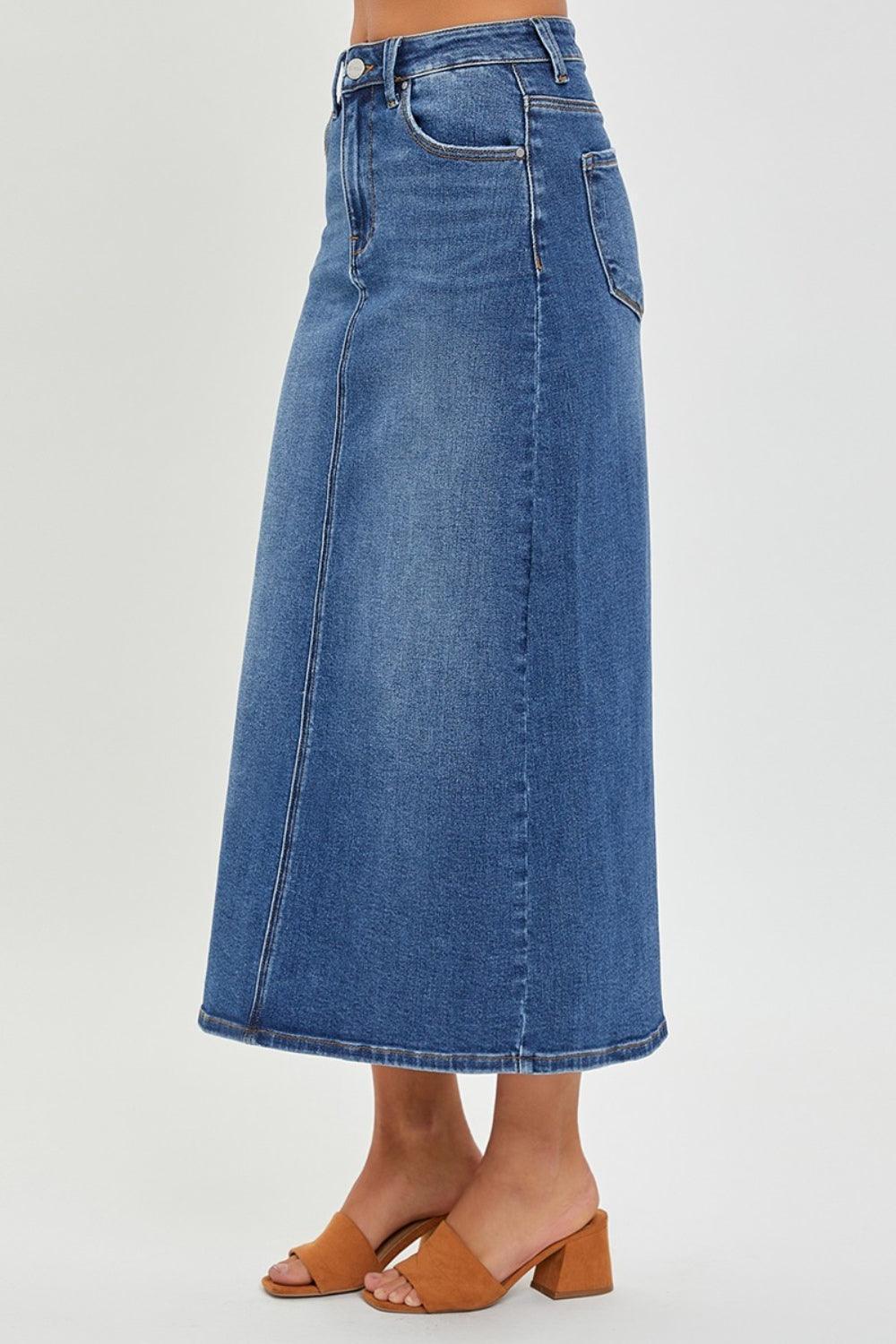 RISEN High Rise Back Slit Denim Skirt - ClubOn