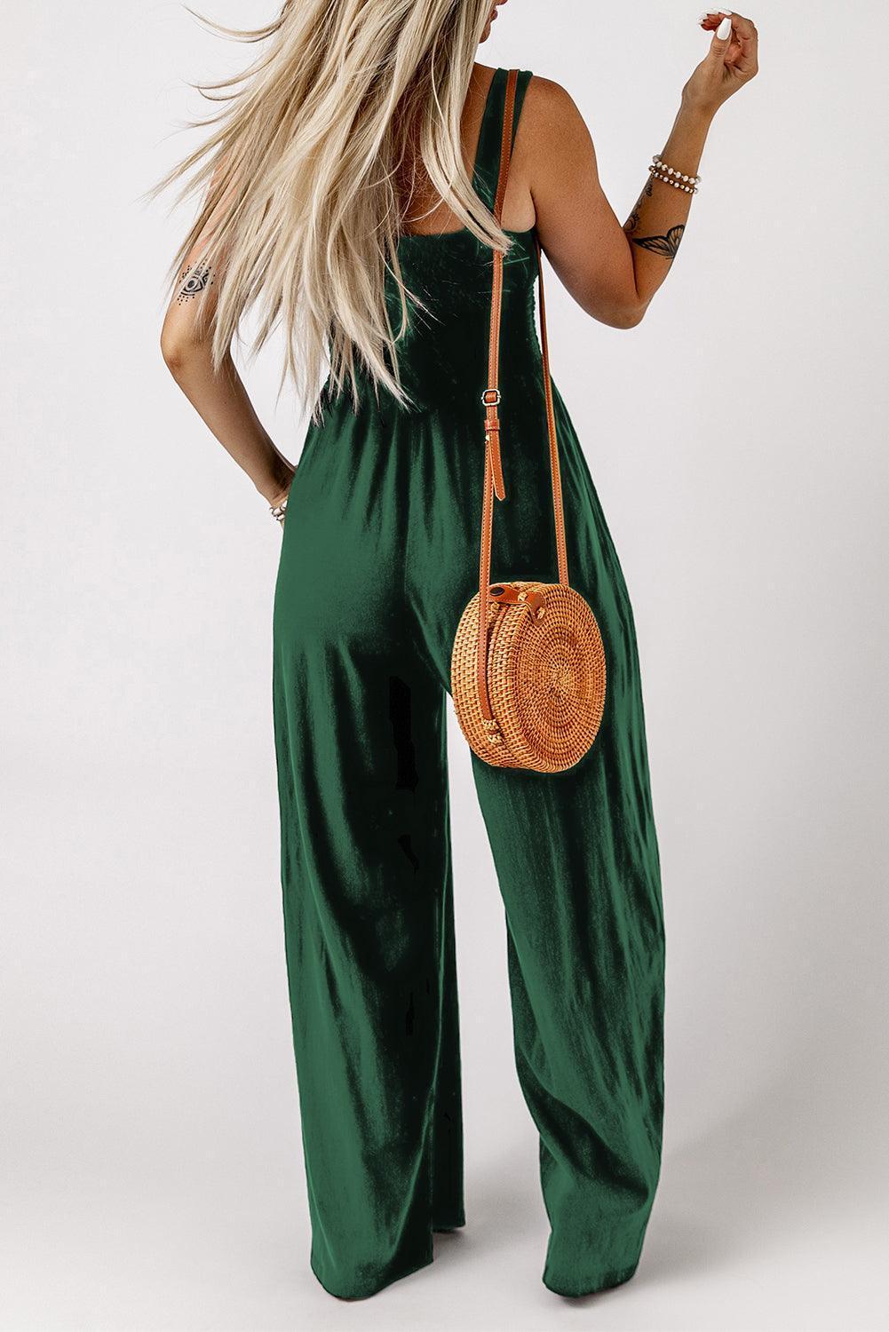 Smocked Square Neck Wide Leg Jumpsuit with Pockets - ClubOn