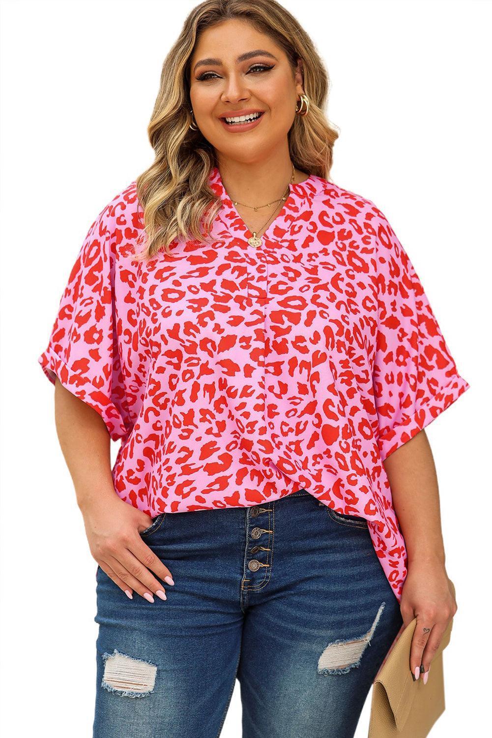 Plus Size Printed Notched Neck Half Sleeve Top - ClubOn