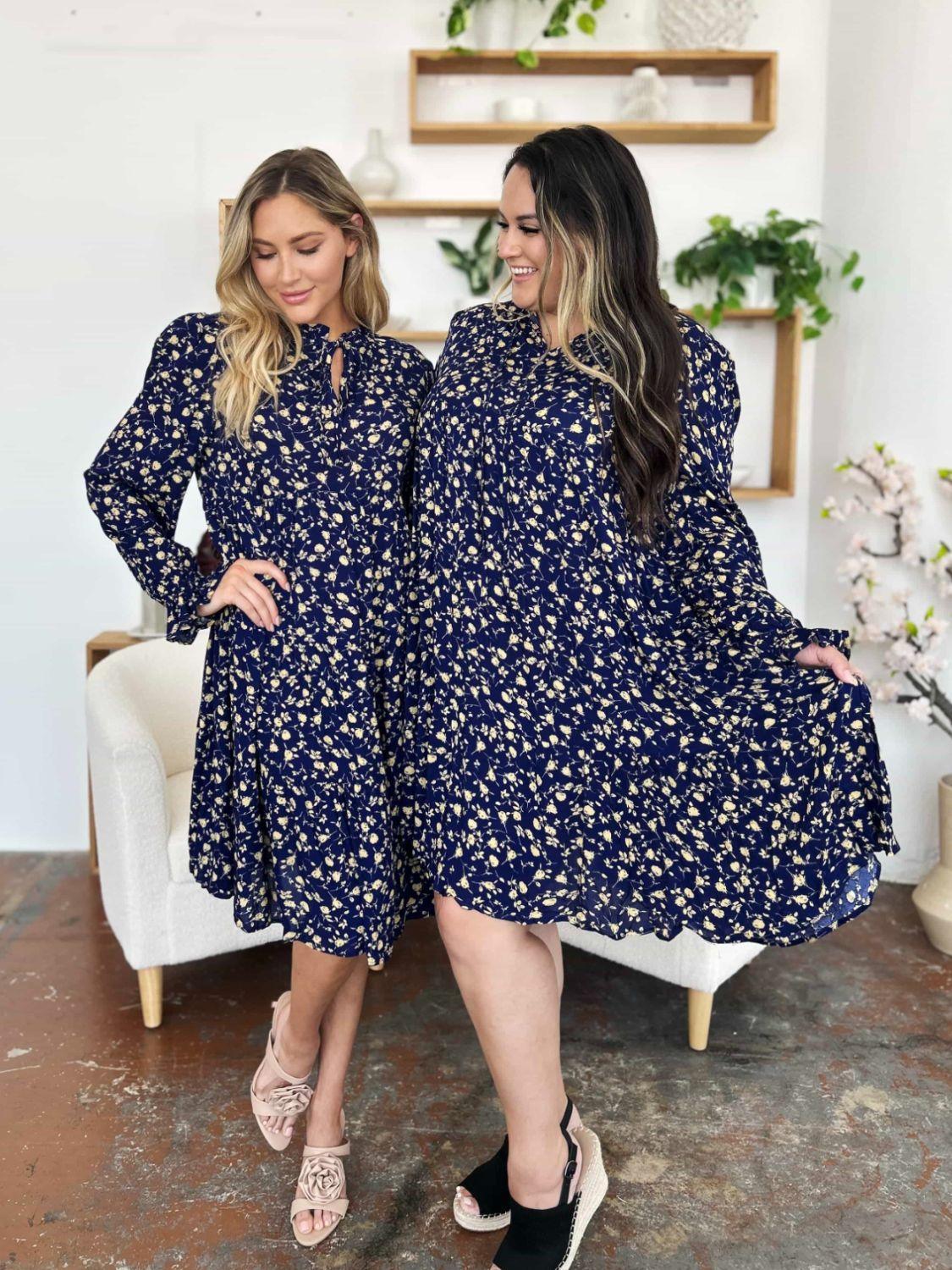 Double Take Full Size Printed Ruffle Hem Long Sleeve Tiered Dress - ClubOn