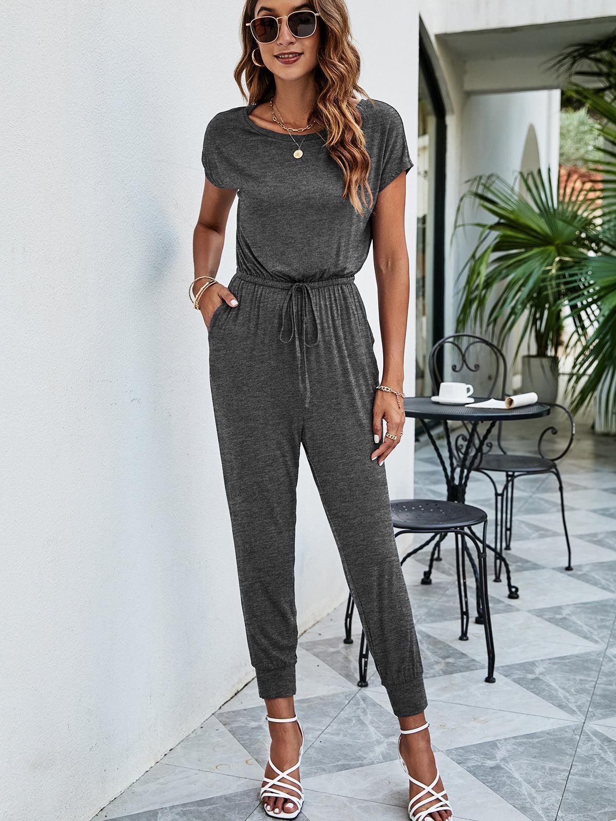 Drawstring Waist Short Sleeve Jogger Jumpsuit - ClubOn