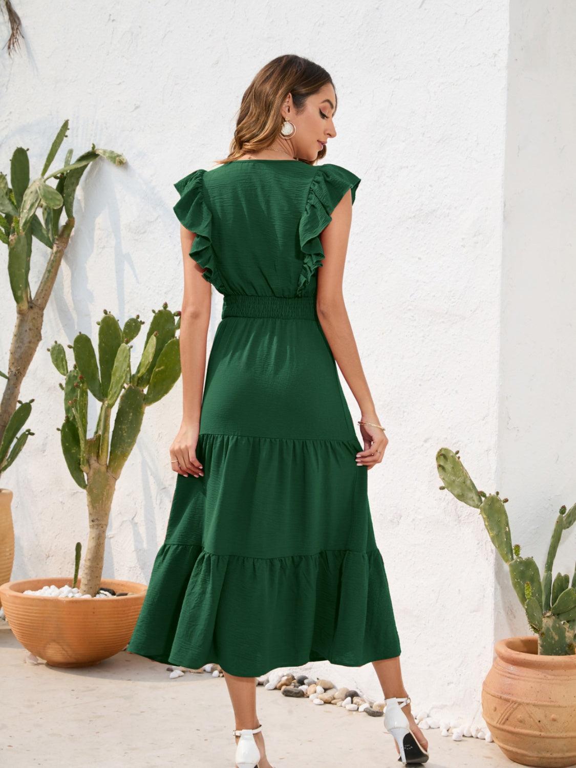Tiered Ruffled V-Neck Cap Sleeve Dress - ClubOn