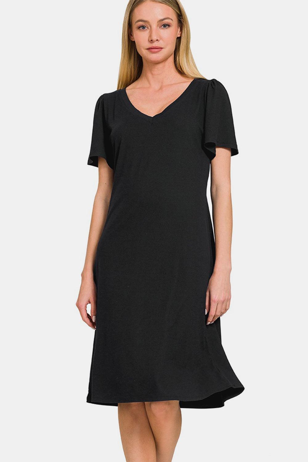 Zenana V-Neck Short Sleeve Dress - ClubOn