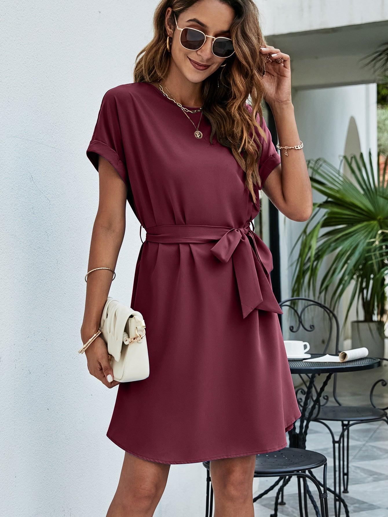 Belted Round Neck Curved Hem Dress - ClubOn