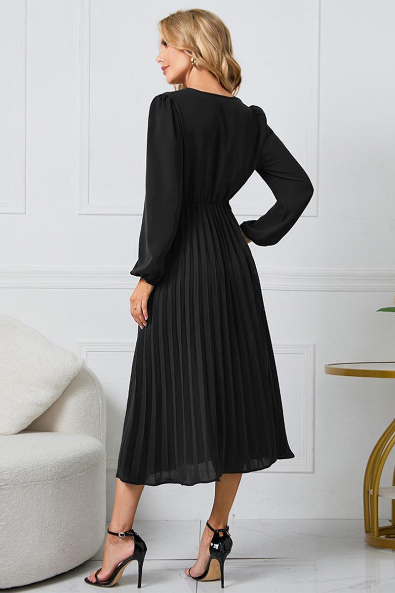 V-Neck Long Sleeve Tie Waist Midi Dress - ClubOn