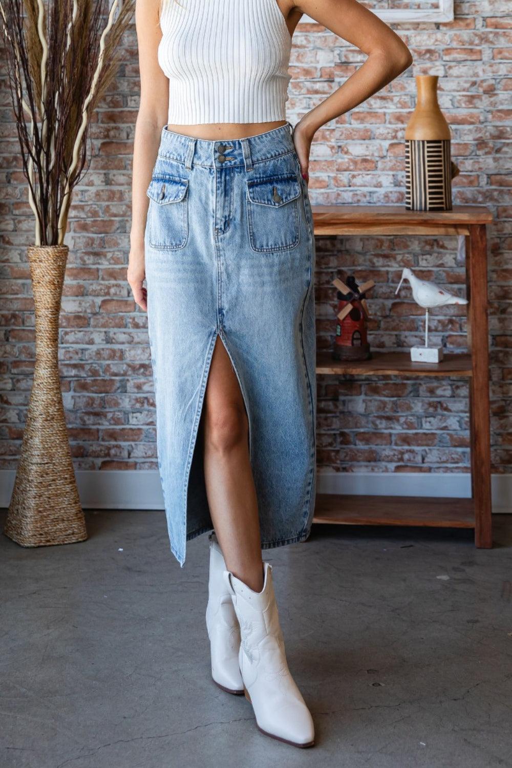 Veveret Slit Mid Rise Waist Denim Skirt - ClubOn