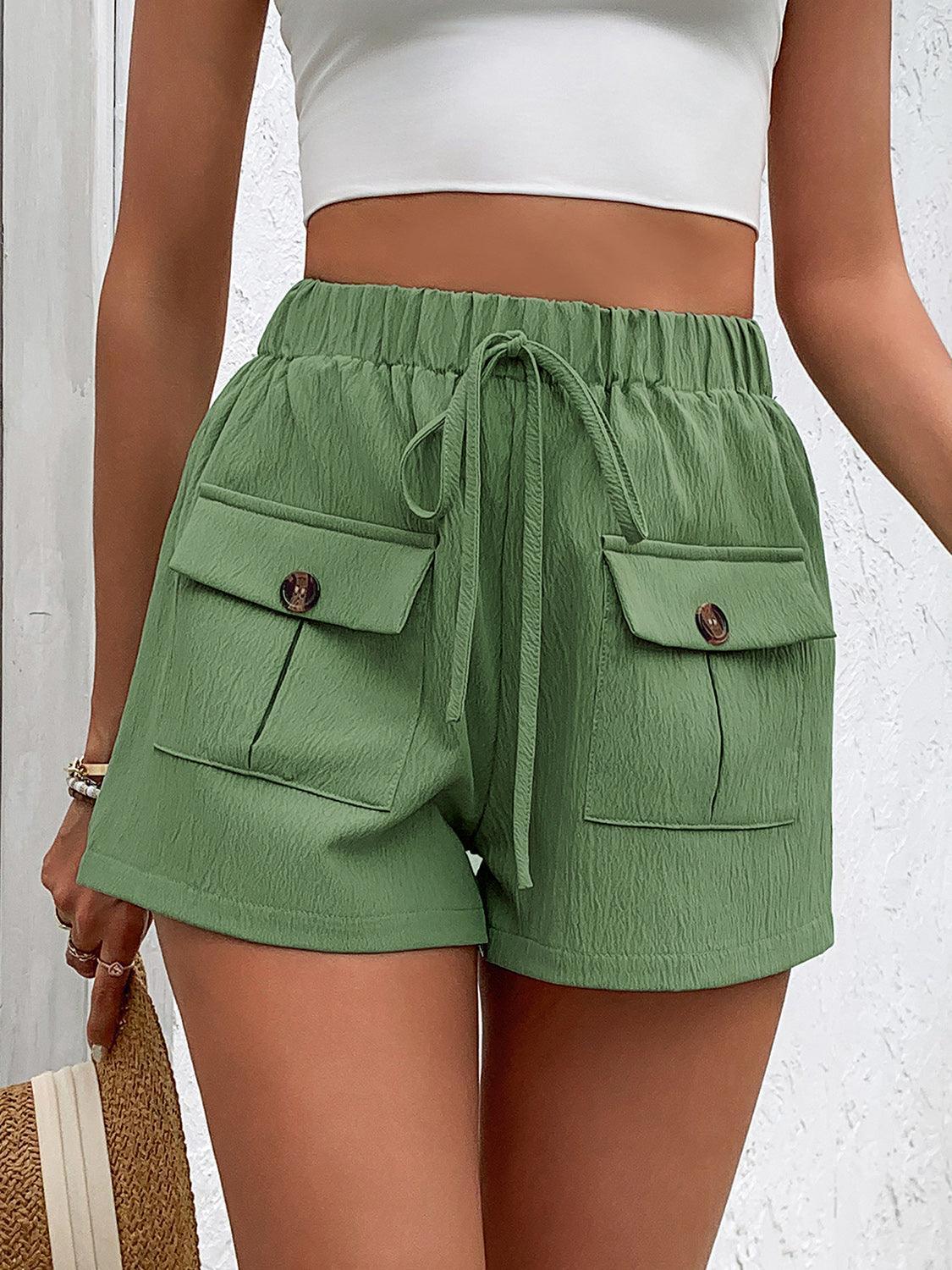 Tied Pocketed Shorts with Decorative Button – 100% Polyester (S-XL) - ClubOn