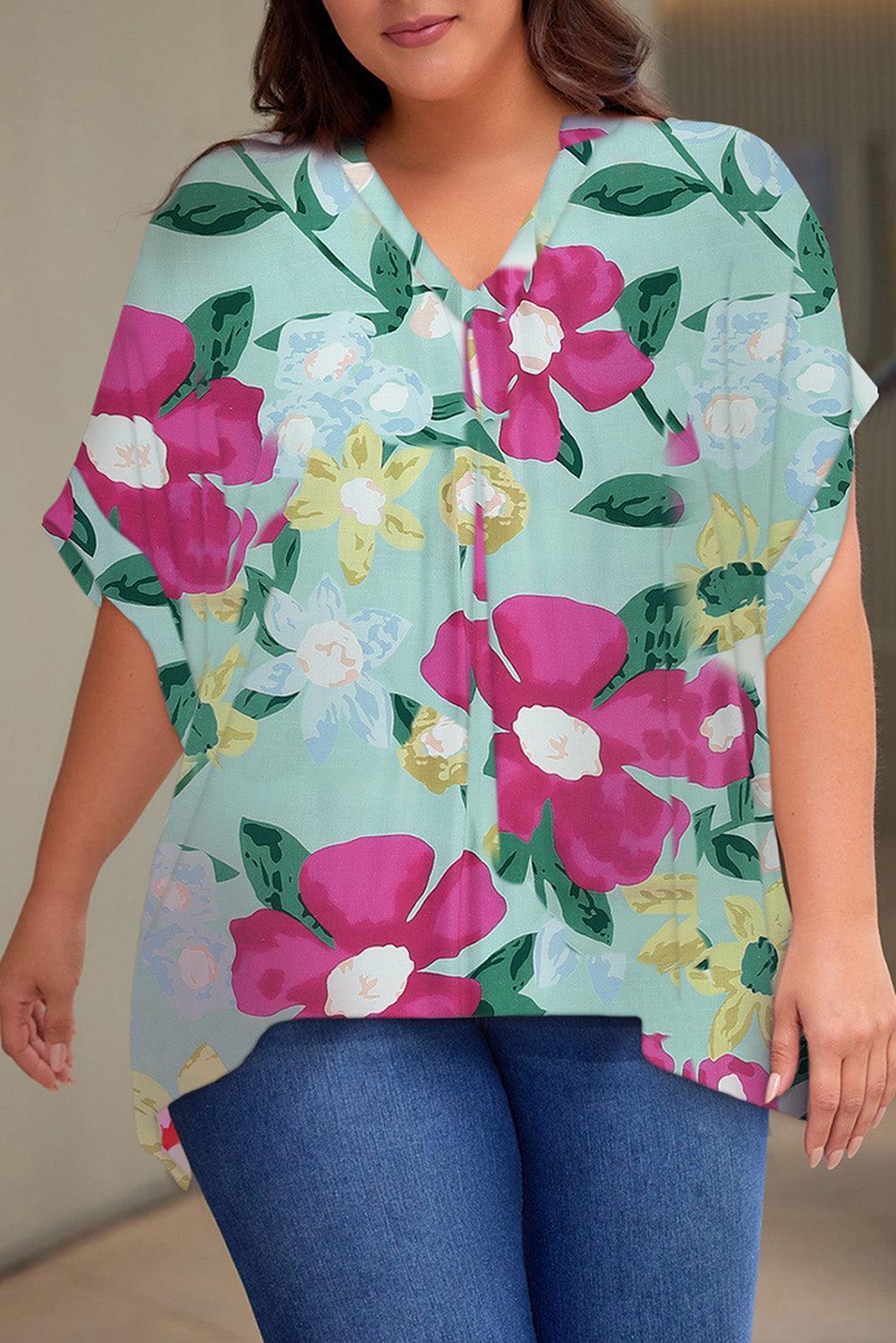 Plus Size Printed Notched Neck Half Sleeve Top - ClubOn
