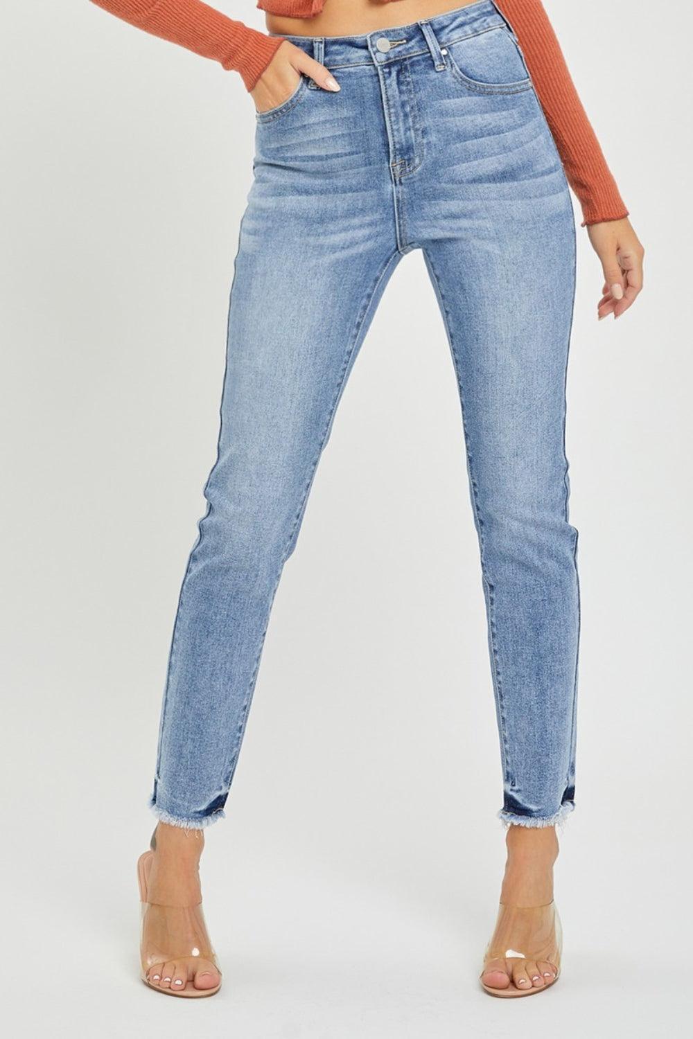 RISEN Full Size High Rise Frayed Hem Skinny Jeans - ClubOn