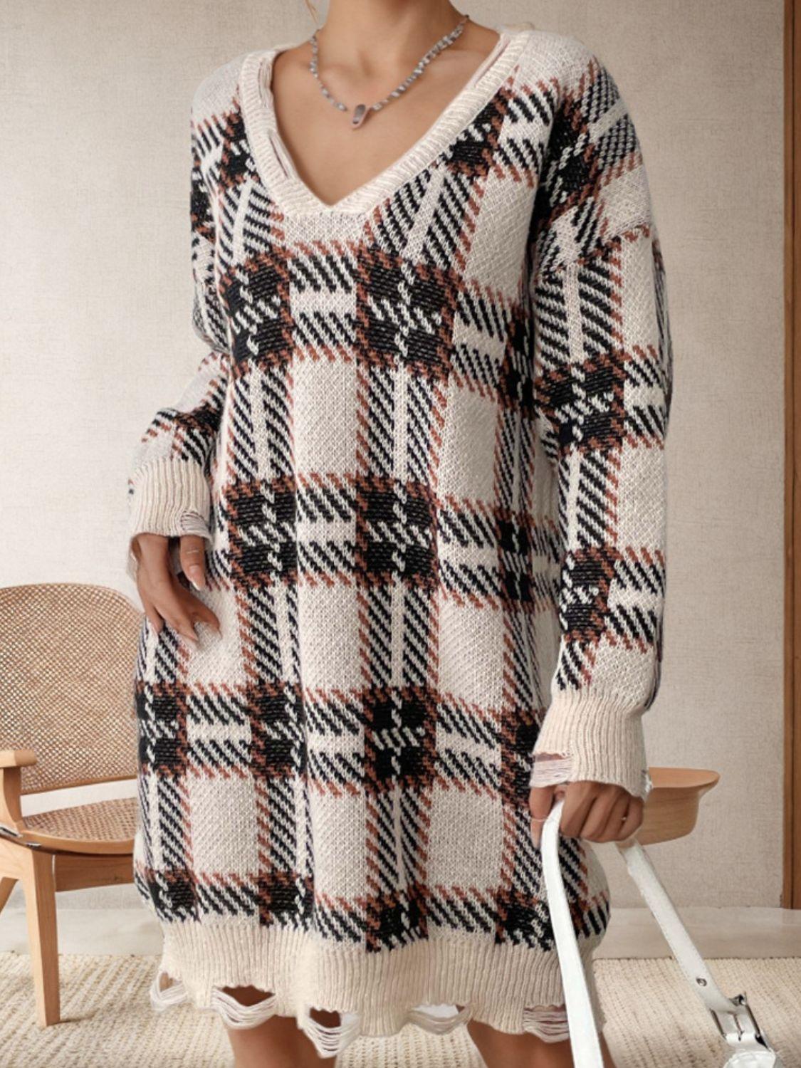 Distressed Plaid V-Neck Long Sleeve Sweater Dress - ClubOn