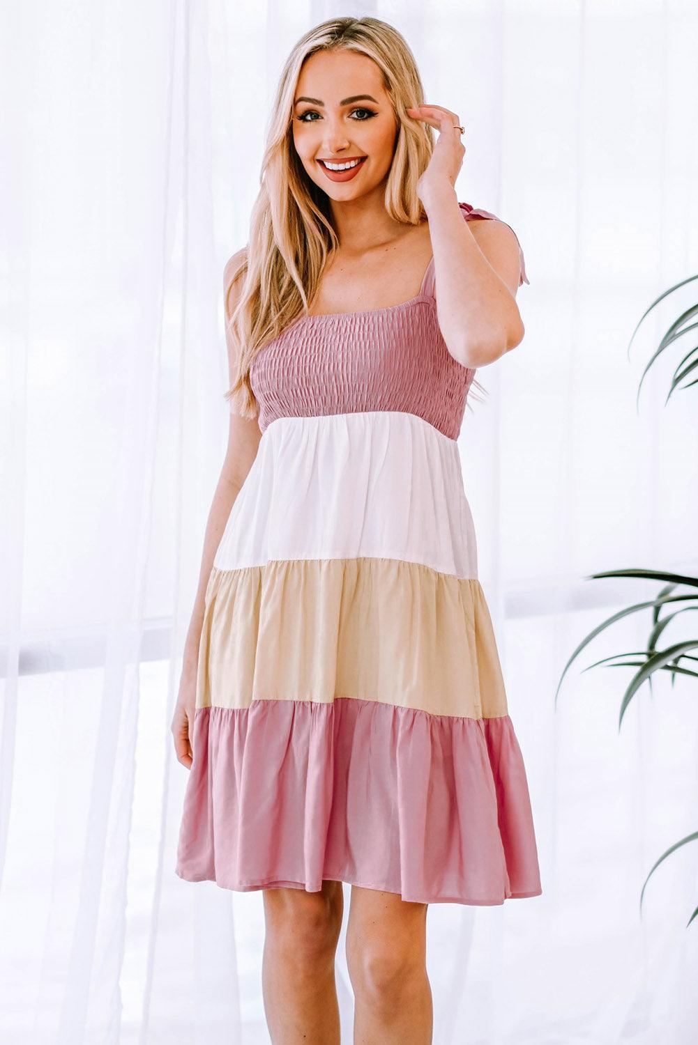 Color Block Tie Shoulder Tiered Dress - ClubOn