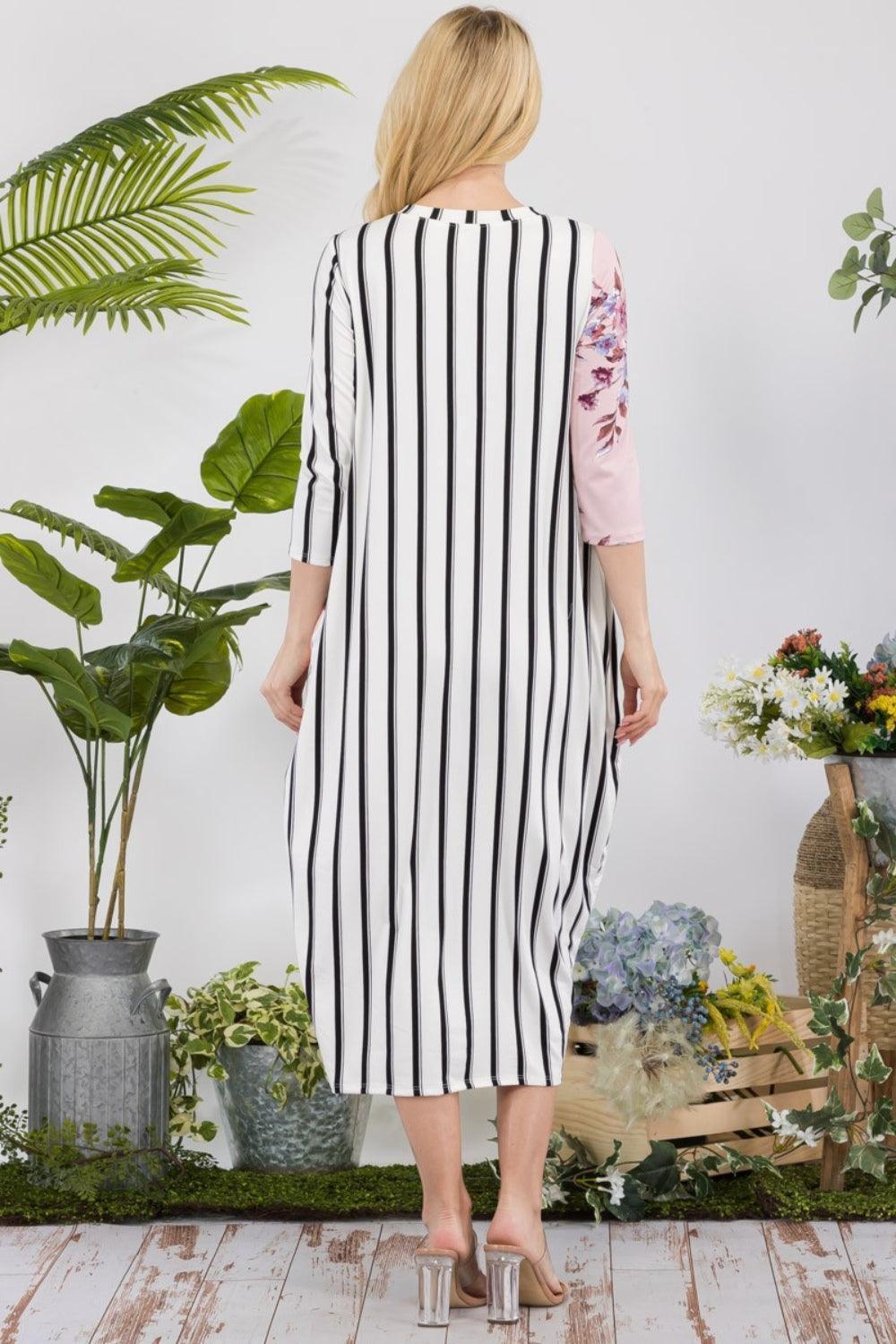 Celeste Full Size Floral Striped Contrast Midi-Dress with Pockets - ClubOn