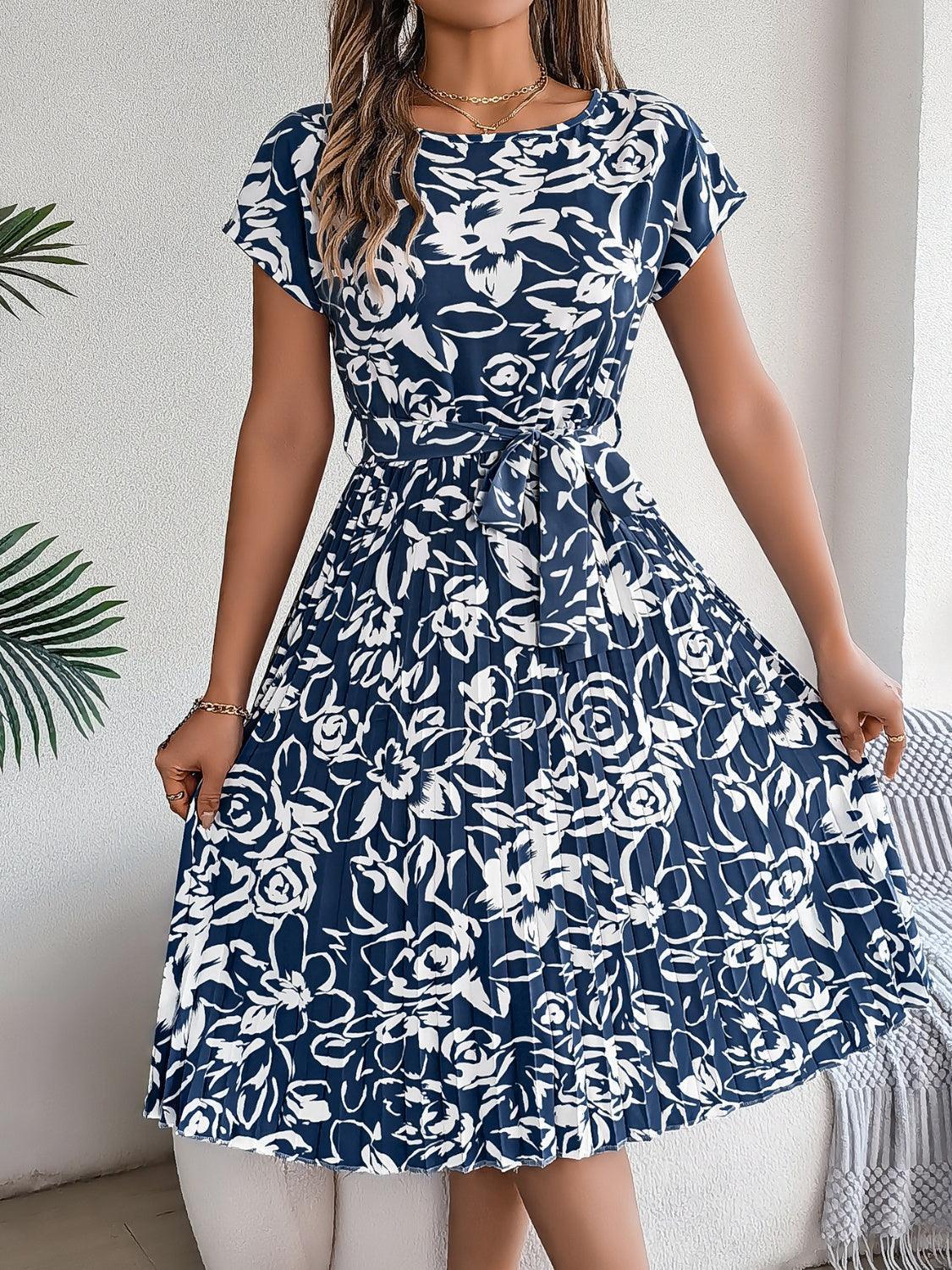 Tied Pleated Printed Short Sleeve Dress - ClubOn