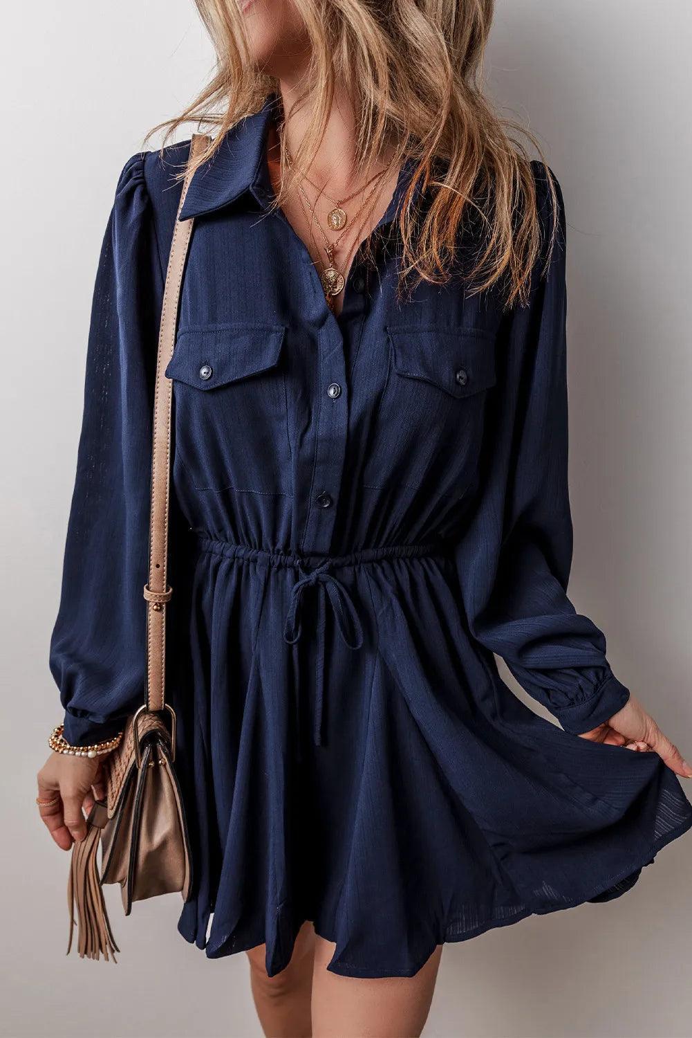 Drawstring Half Button Long Sleeve Dress - ClubOn