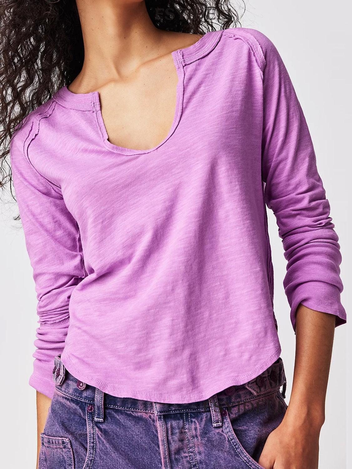 Exposed Seam Notched Long Sleeve T-Shirt - ClubOn
