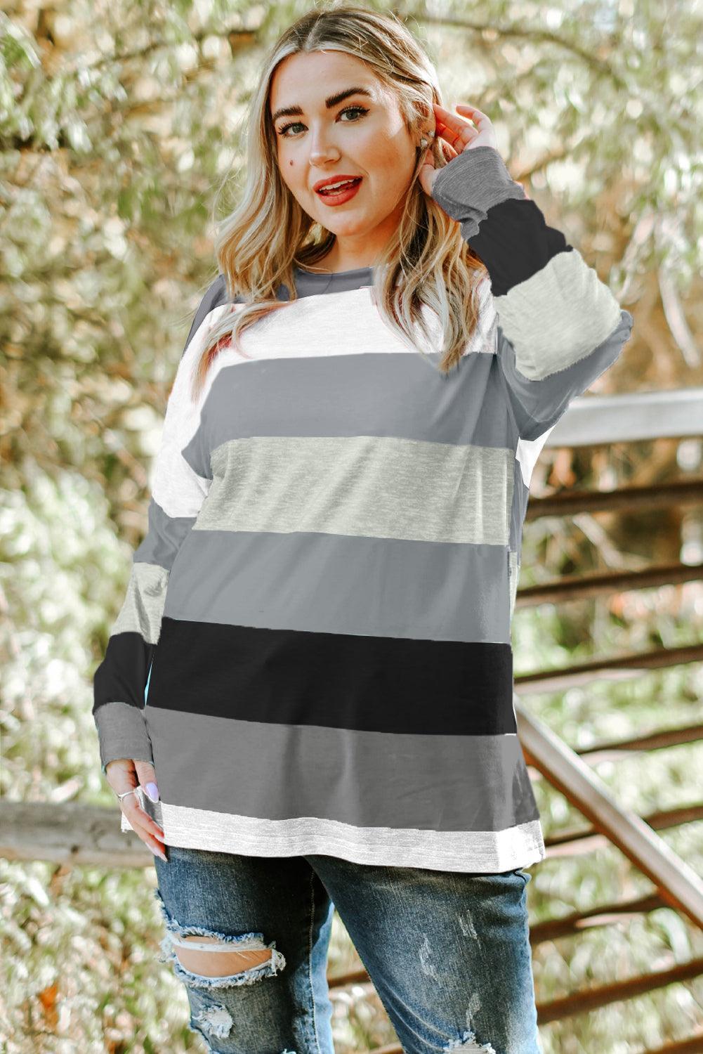 Plus Size Striped Slit Long Sleeve T-Shirt - ClubOn