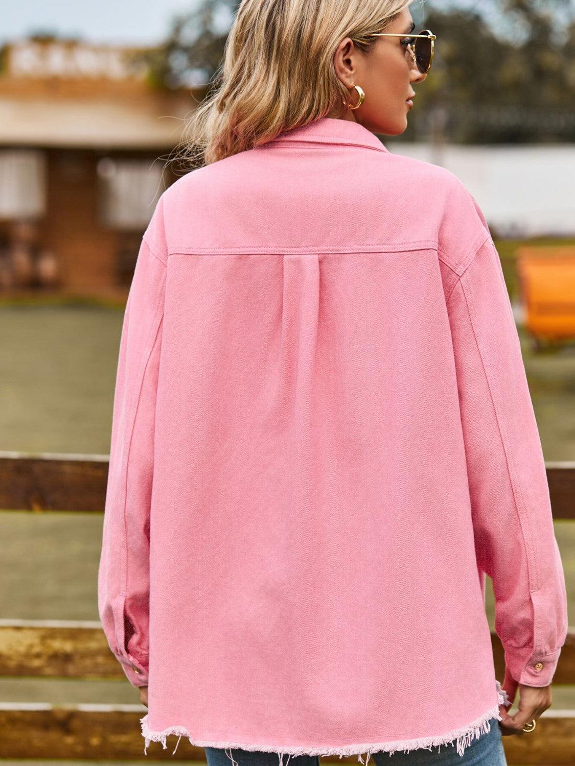 Button Up Collared Neck Raw Hem Denim Top - ClubOn