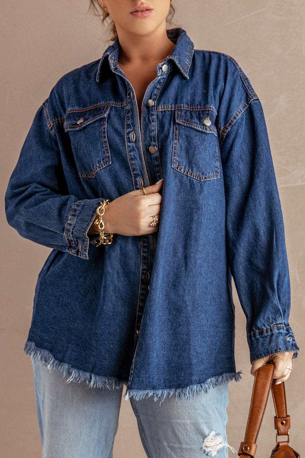 Button Up Pocketed Raw Hem Denim Jacket - ClubOn
