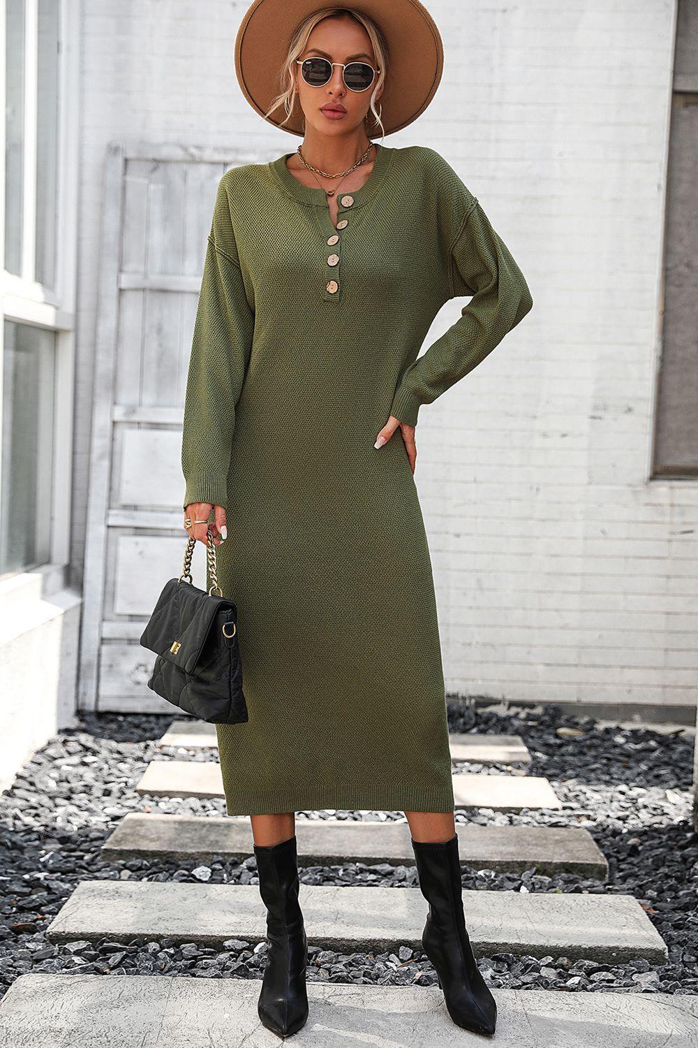 Decorative Button Notched Dropped Shoulder Sweater Dress - ClubOn