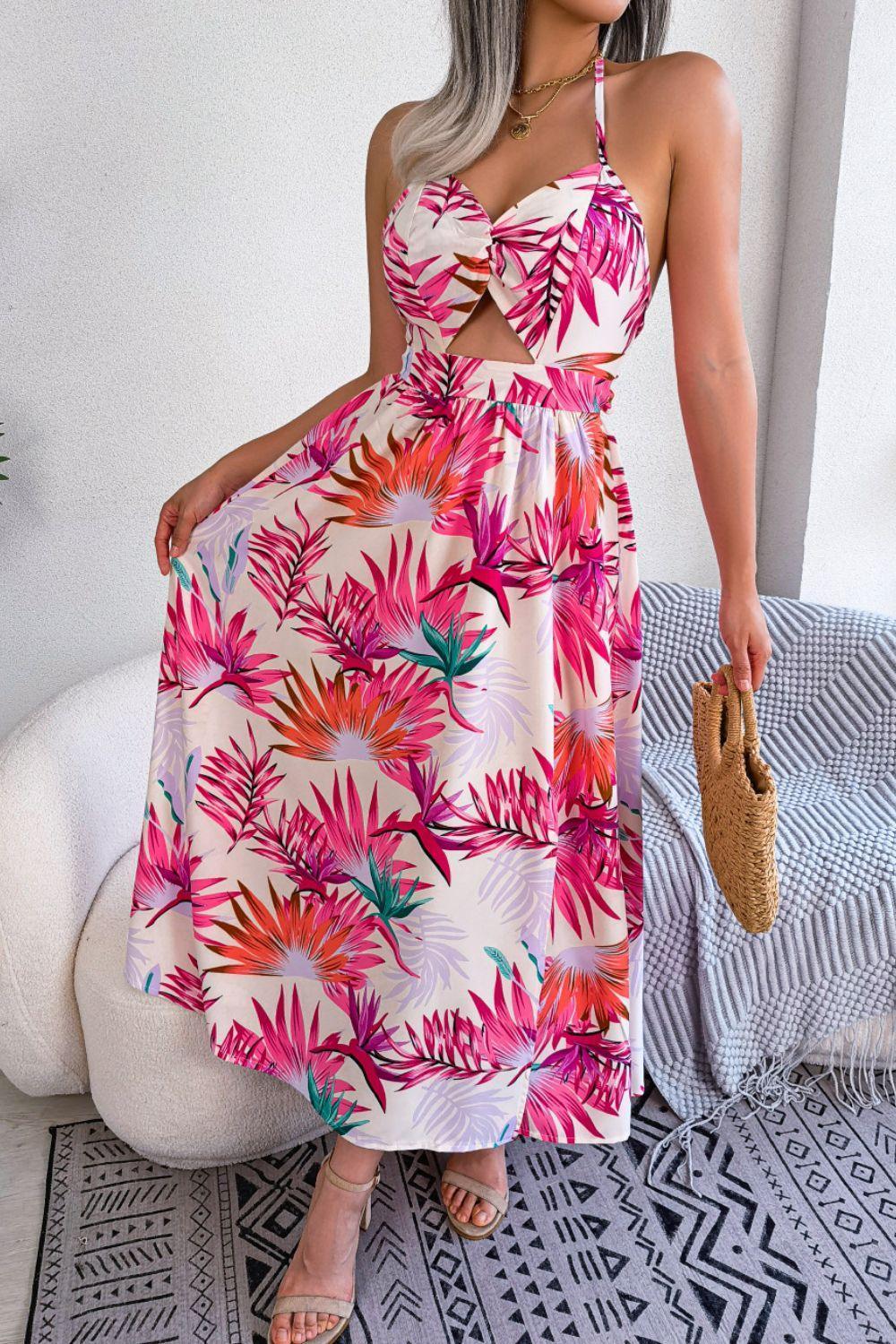 Botanical Print Tied Backless Cutout Slit Dress - ClubOn