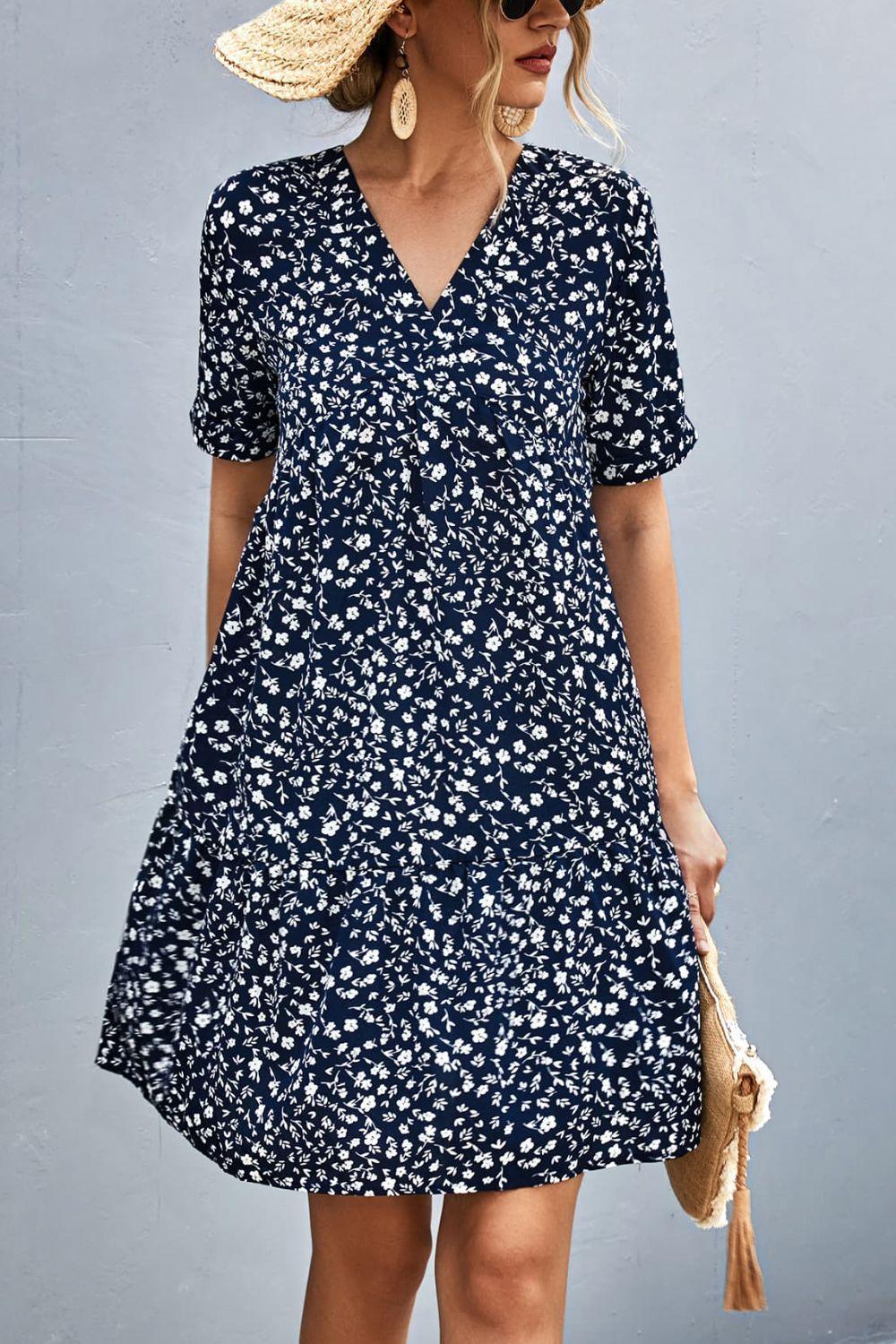 Ditsy Floral Empire Waist Plunge Short Sleeve Dress - ClubOn