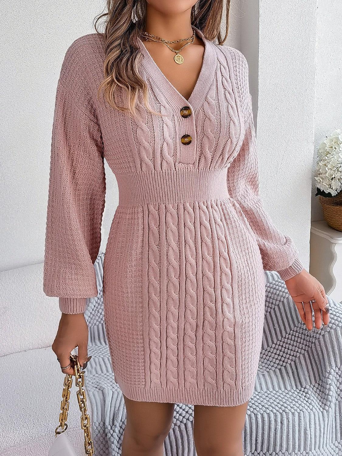 Buttoned Cable-Knit V-Neck Sweater Dress - ClubOn