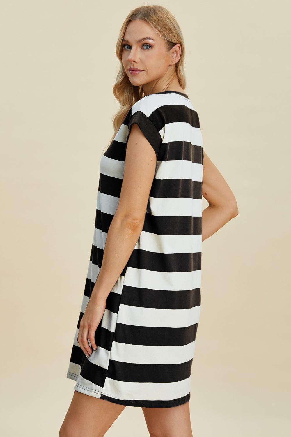 Basic Bae Full Size Striped Round Neck Cap Sleeve Mini Dress - ClubOn
