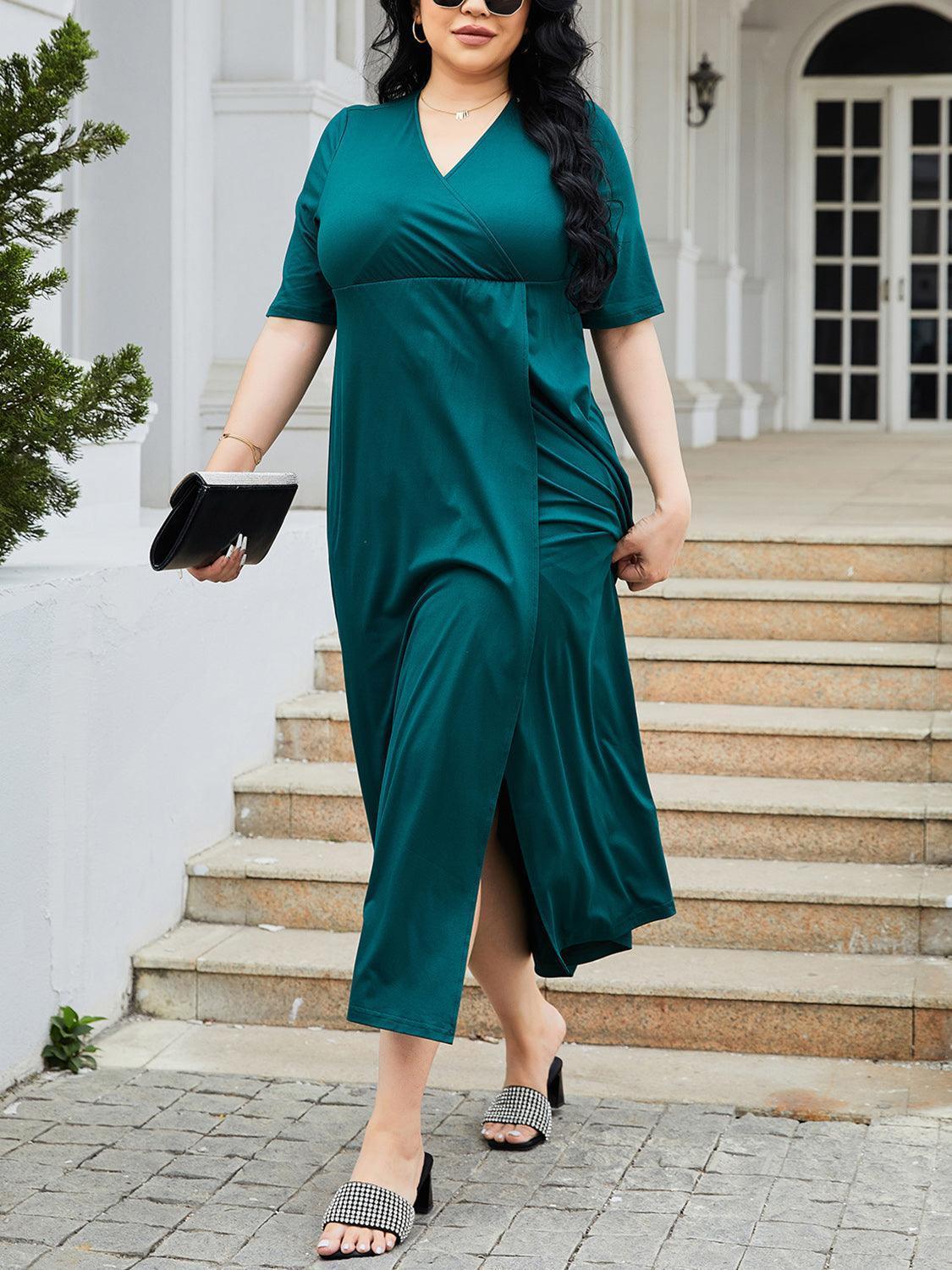 Plus Size Slit Surplice Short Sleeve Midi Dress - ClubOn