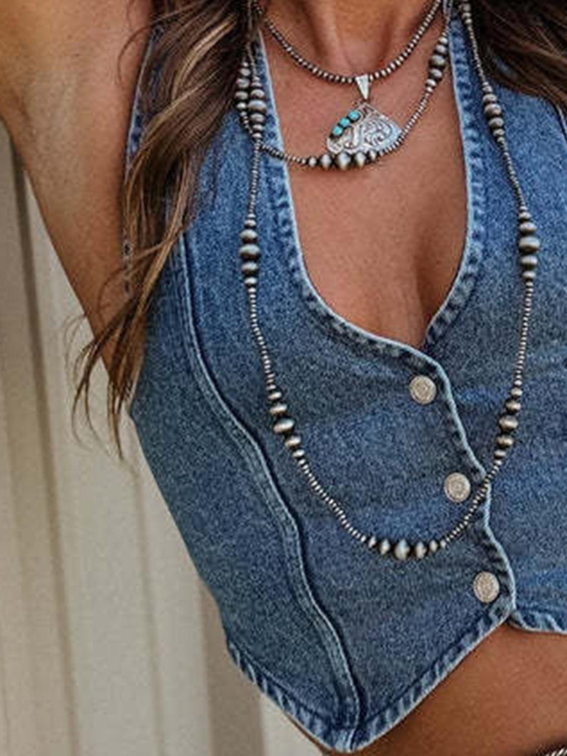 Buttoned V-Neck Denim Top - ClubOn