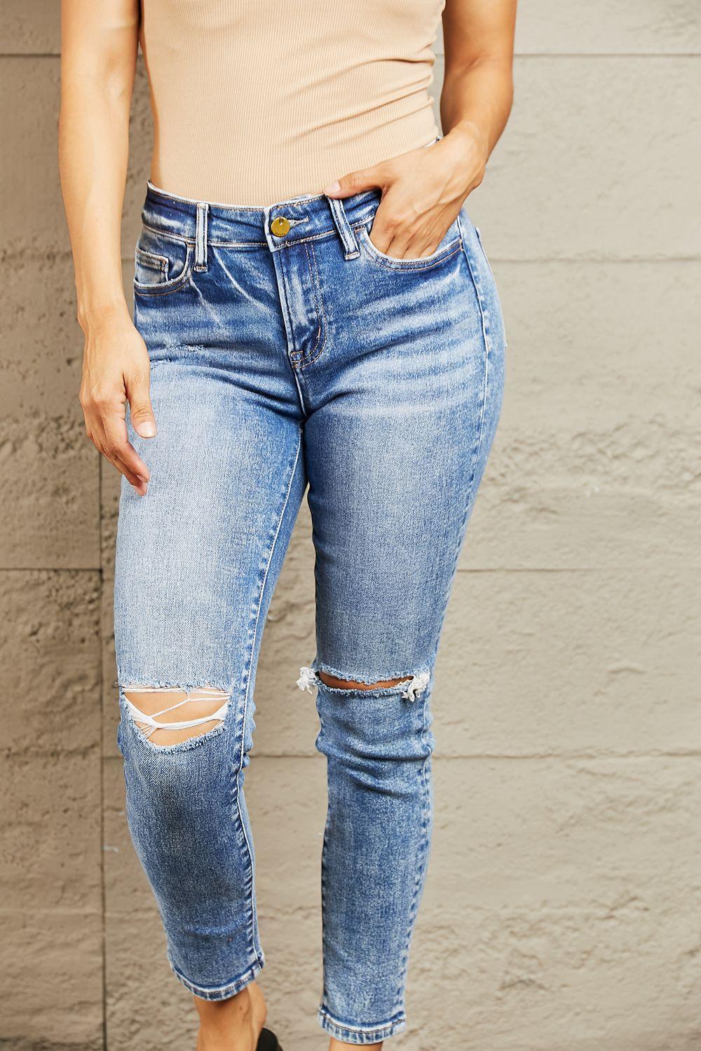 BAYEAS Mid Rise Distressed Skinny Jeans - ClubOn