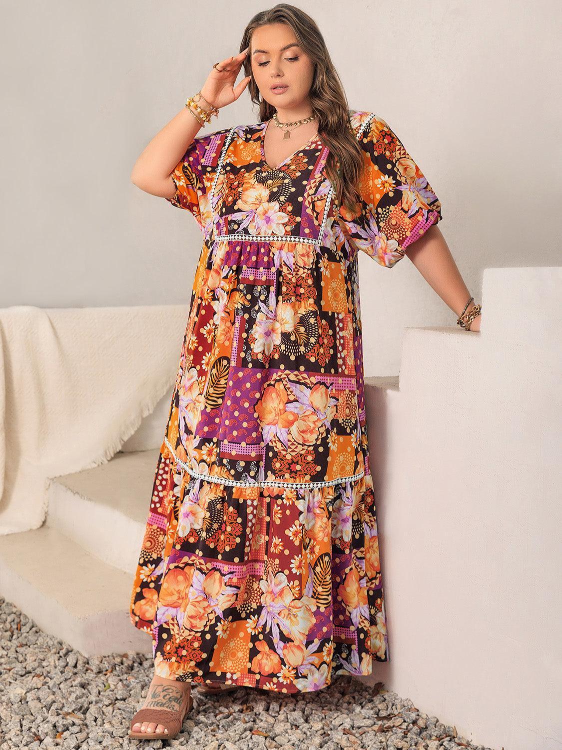Plus Size Printed V-Neck Half Sleeve Maxi Dress - ClubOn