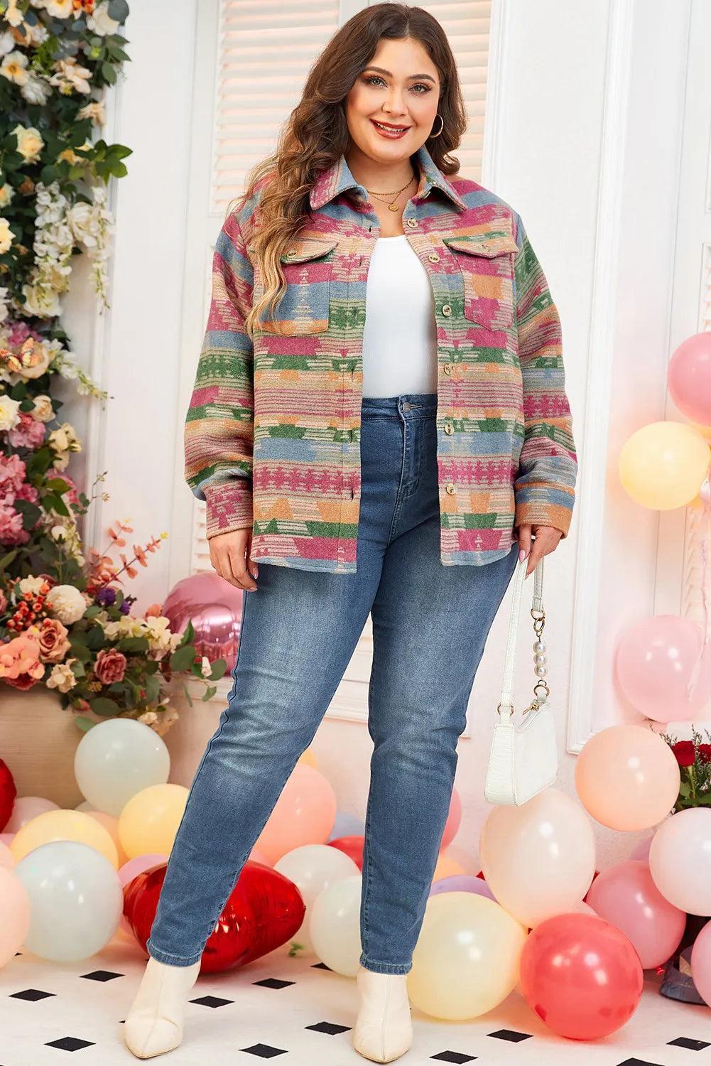 Plus Size Pocketed Printed Collared Neck Jacket - ClubOn
