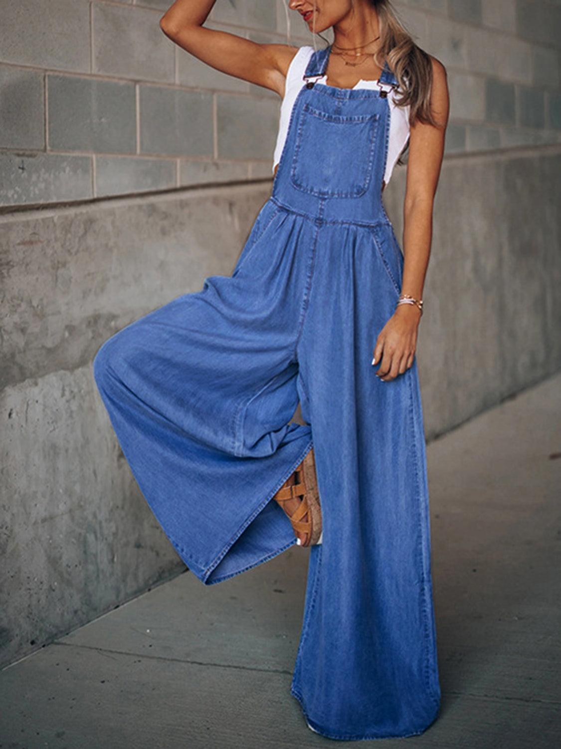 Wide Leg Denim Overalls - ClubOn