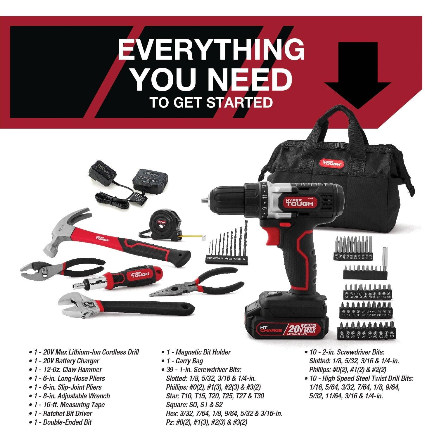 Hyper Tough 20V Max Lithium-Ion Cordless Drill, 70-Piece Tool Set, Battery & Charger - ClubOn