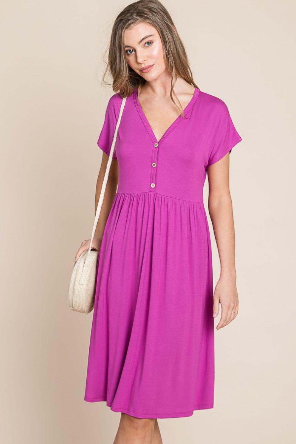 BOMBOM V-Neck Short Sleeve Dress - ClubOn