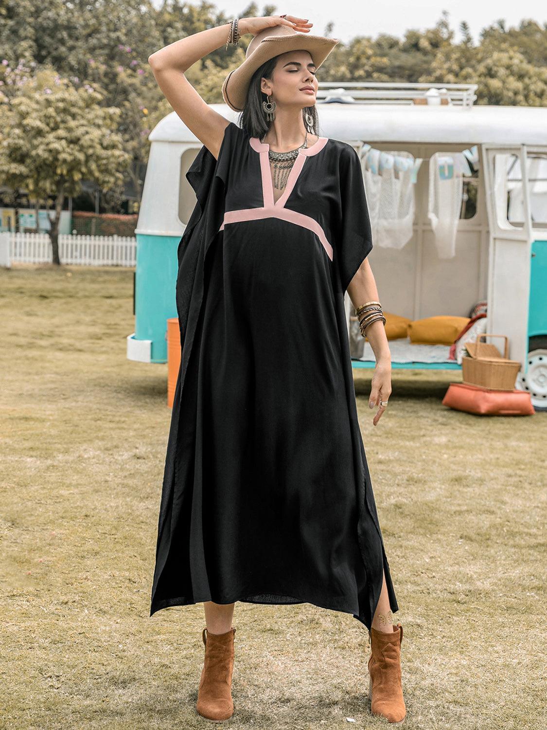 Contrast Trim Notched Slit Short Sleeve Midi Dress - ClubOn