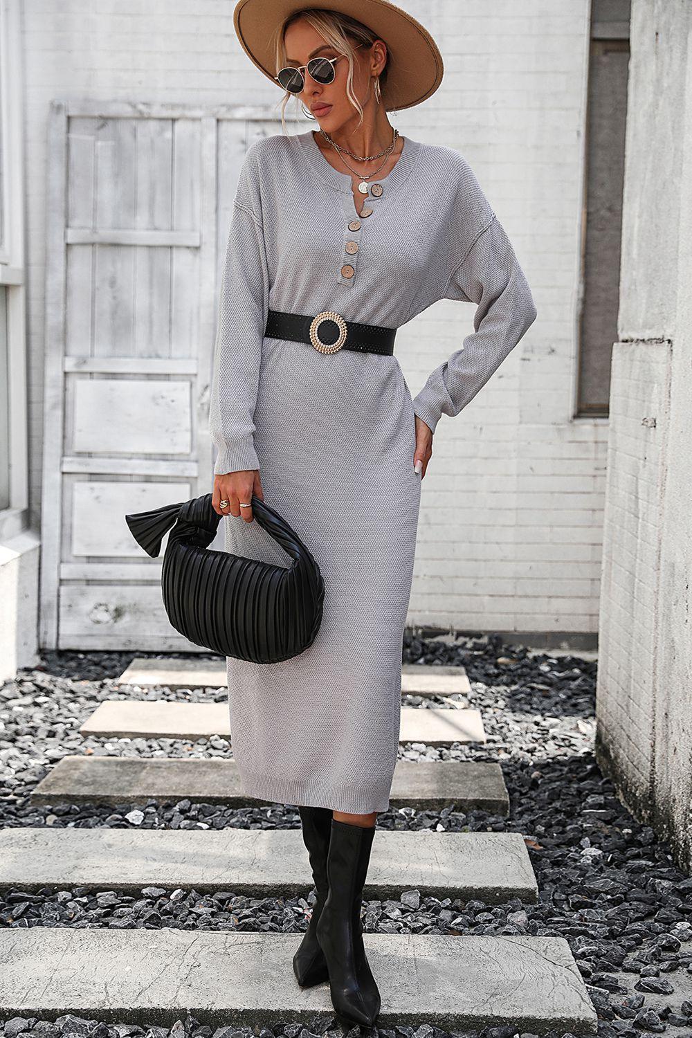 Decorative Button Notched Dropped Shoulder Sweater Dress - ClubOn