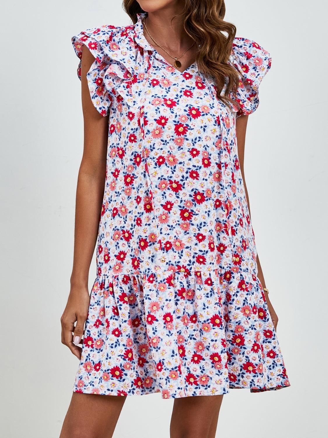 Tied Floral Cap Sleeve Mini Dress - ClubOn