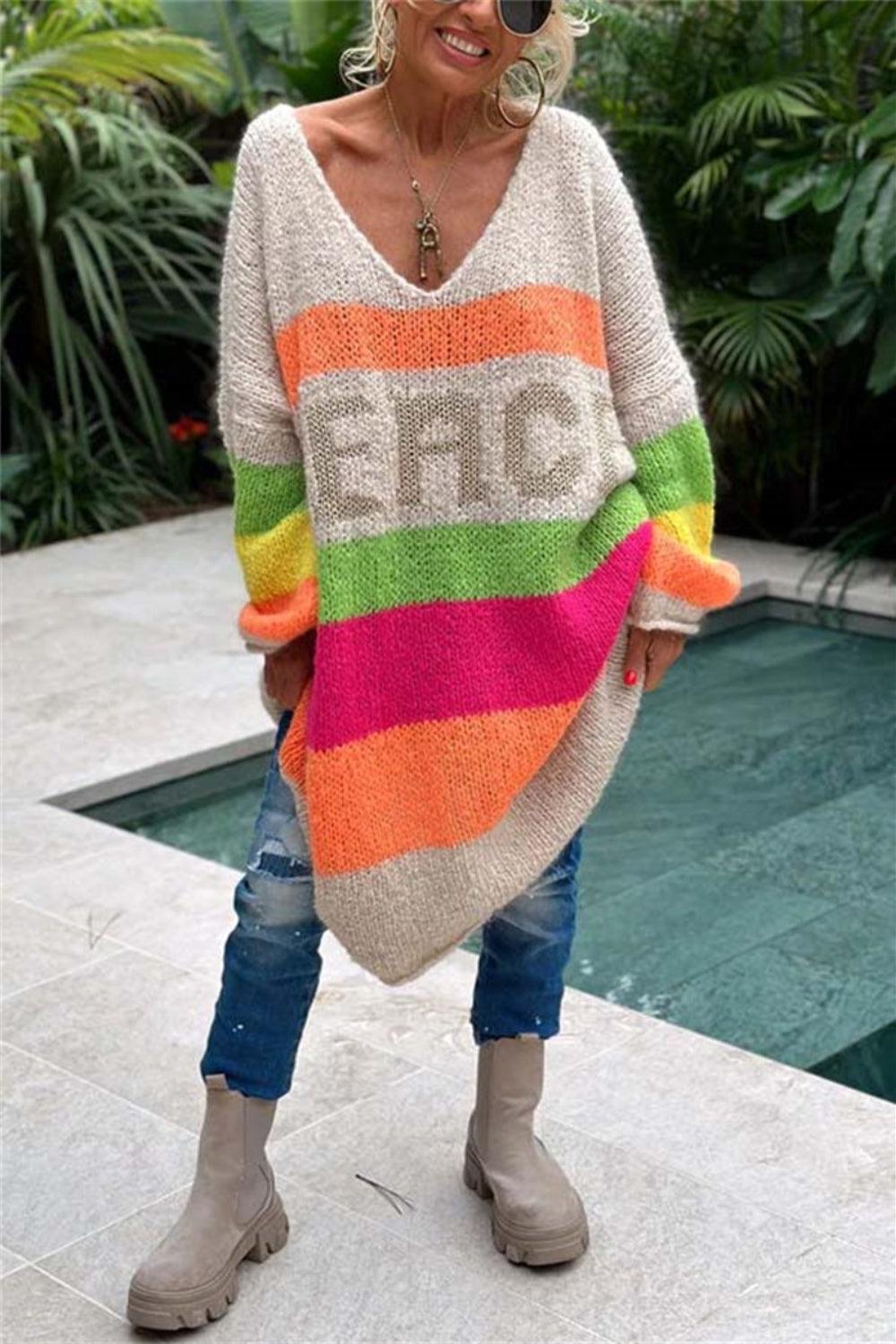 Color Block V-Neck Long Sleeve Sweater Dress - ClubOn