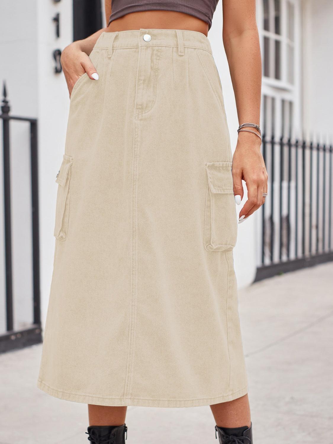 Slit Buttoned Denim Skirt with Pockets - ClubOn