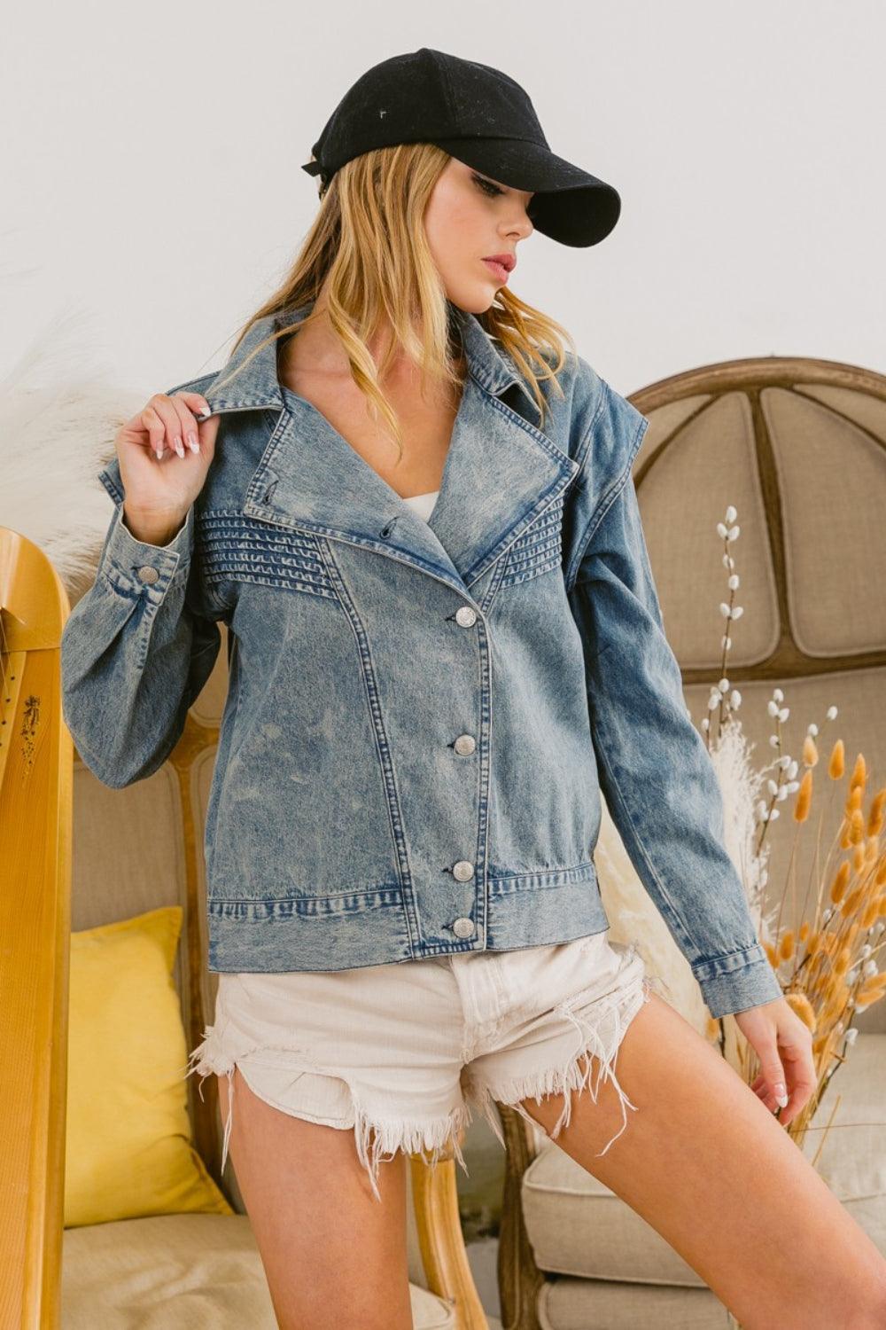 BiBi Button Up Long Sleeve Denim Jacket - ClubOn
