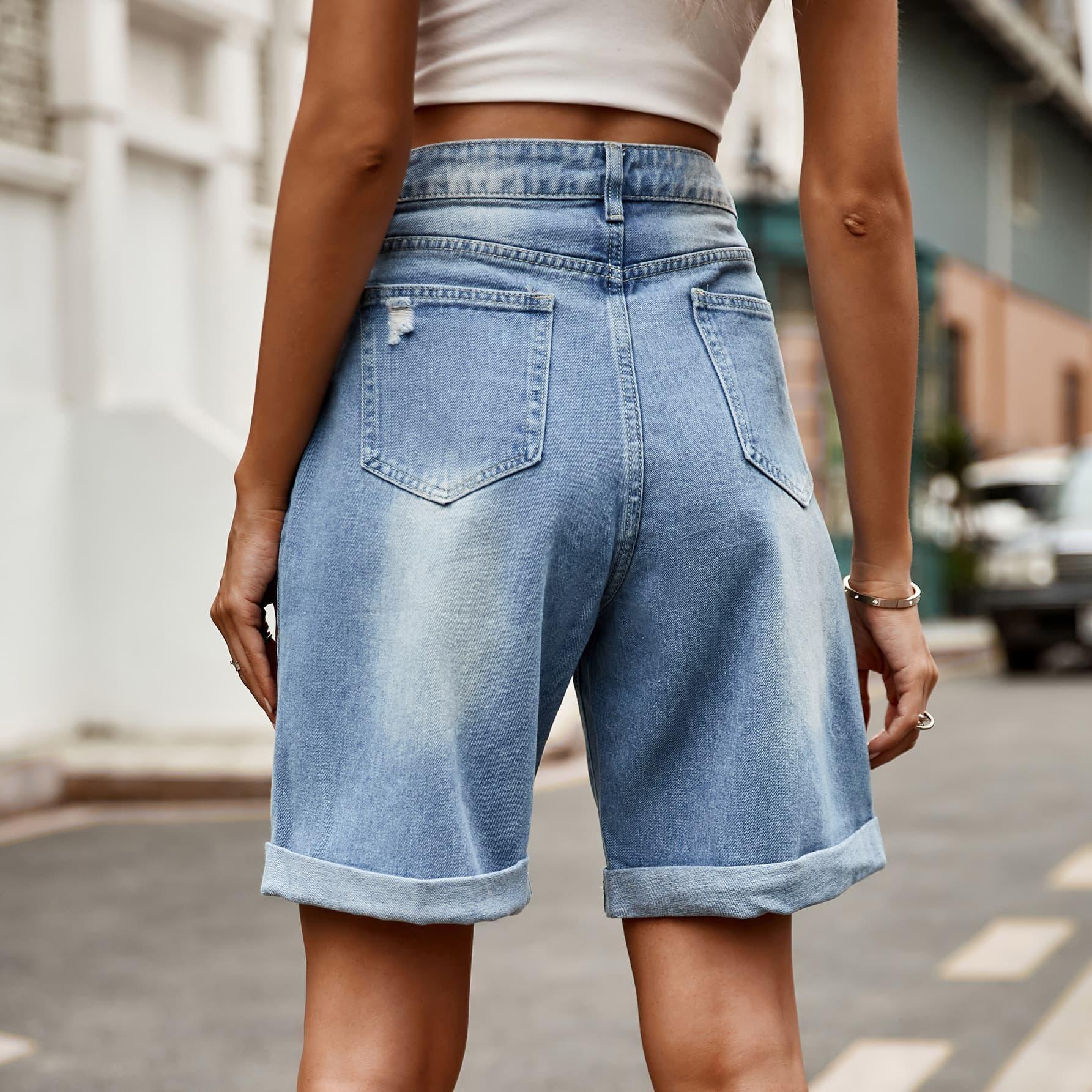 Distressed Buttoned Denim Shorts with Pockets - ClubOn