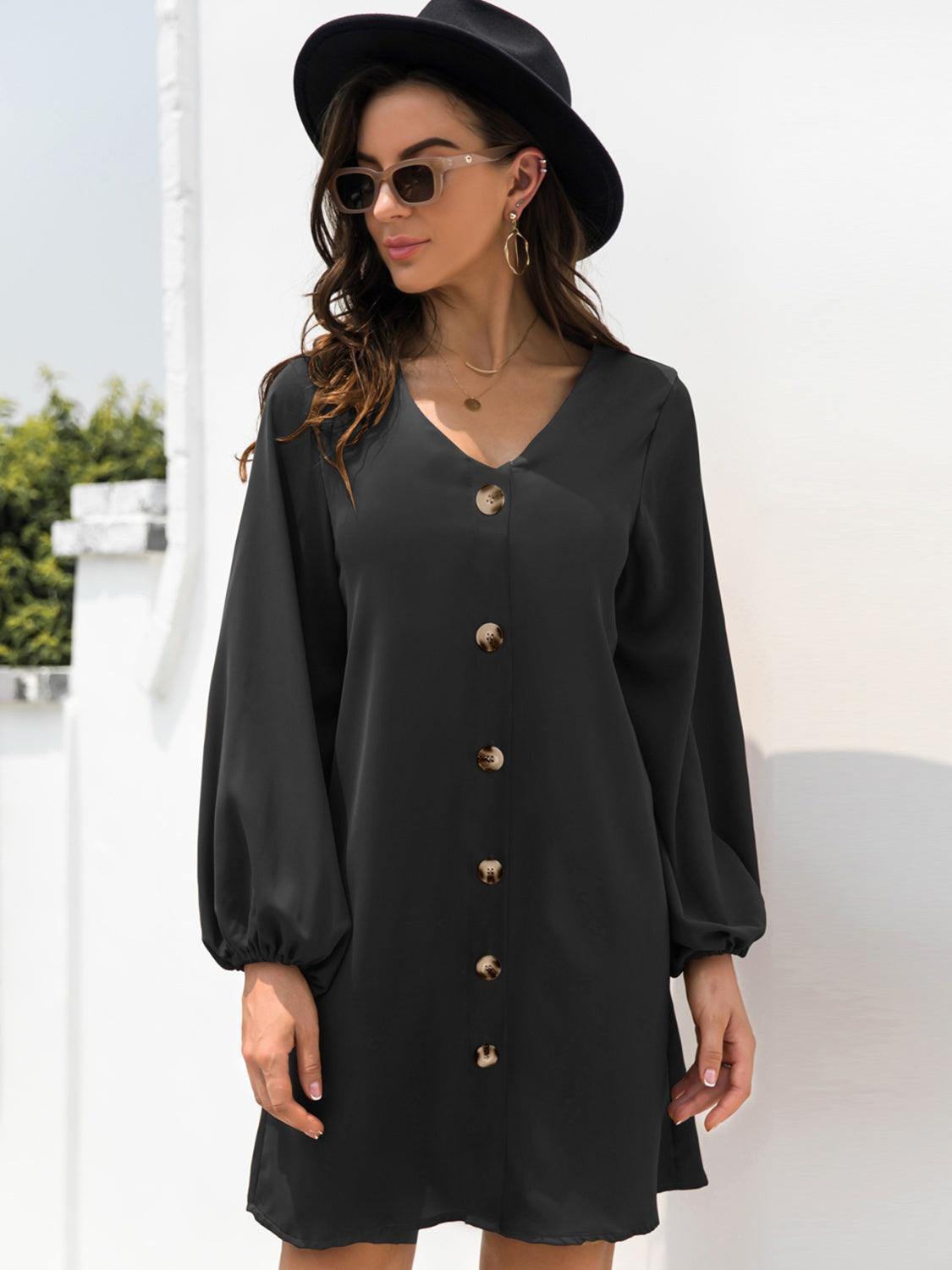 V-Neck Long Sleeve Mini Dress - ClubOn