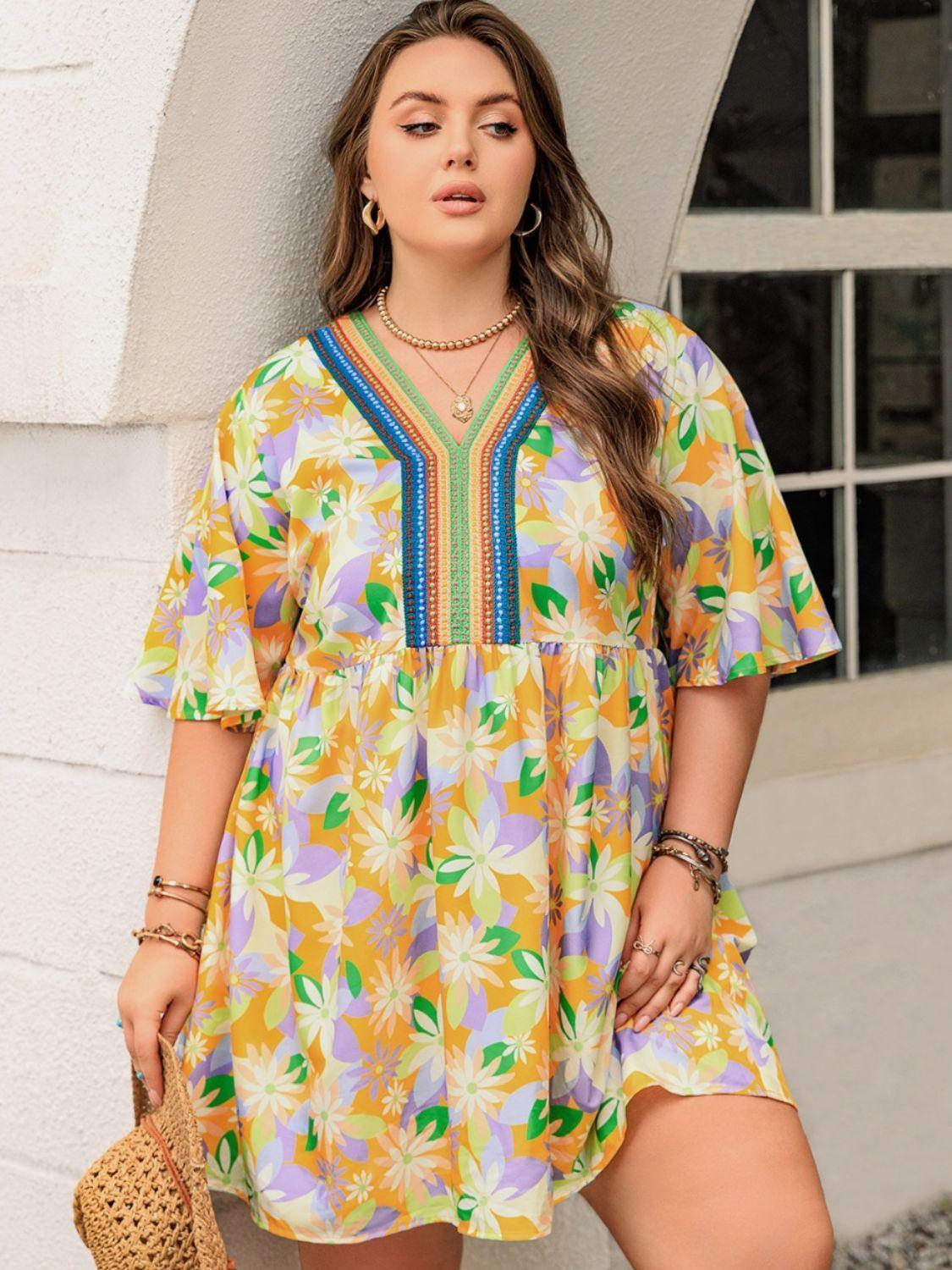 Plus Size Printed V-Neck Half Sleeve Mini Dress - ClubOn